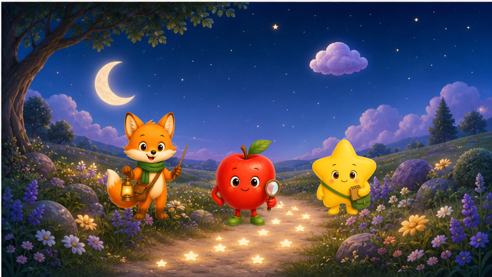 The Wonder Pals walk under softer clouds and glowing star lights.