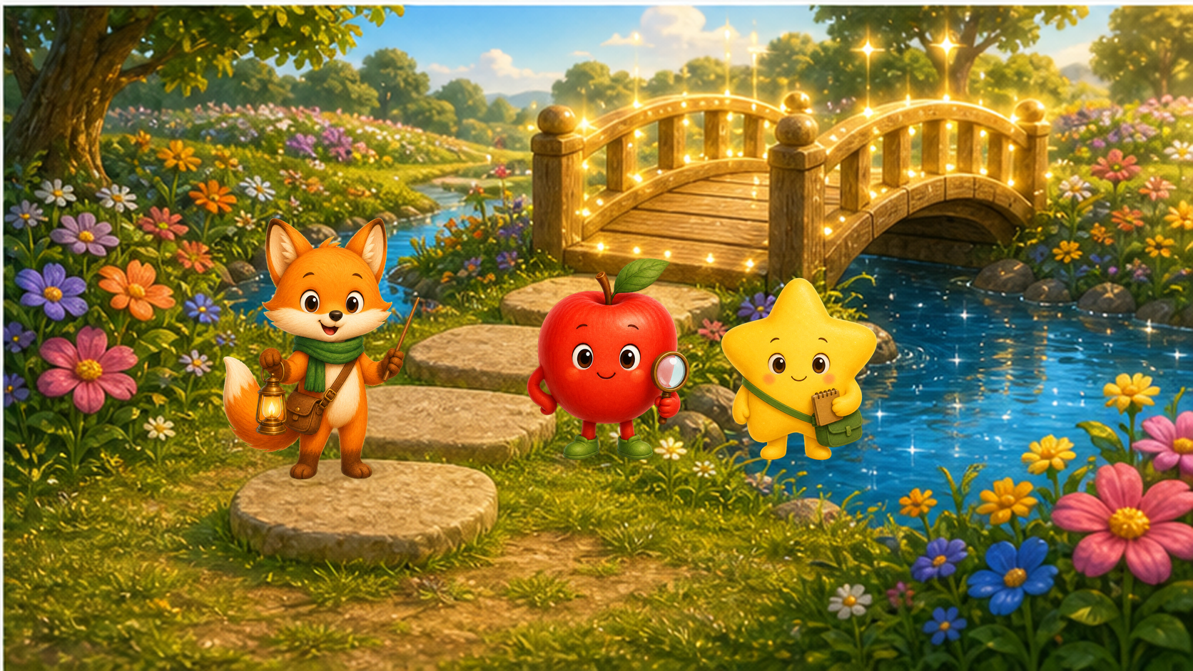 The Wonder Pals cross a glowing bridge together.