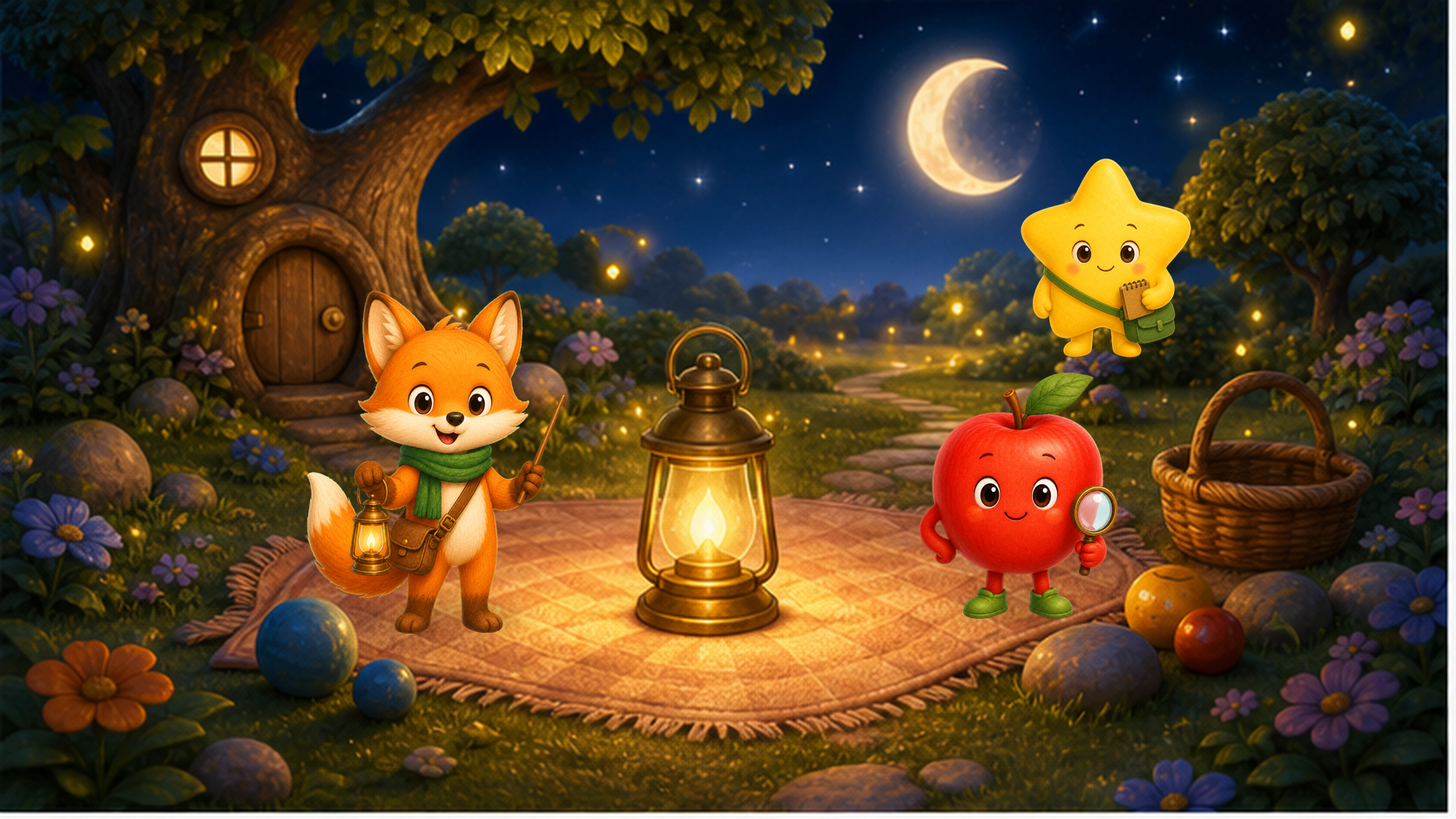 The Wonder Pals sit near a tiny lantern before a moon picnic.
